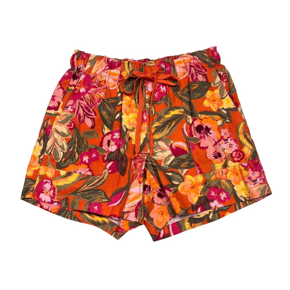 Kut from the Kloth | Linen Blend Tropical Floral Orange Pink High Waist Shirts S